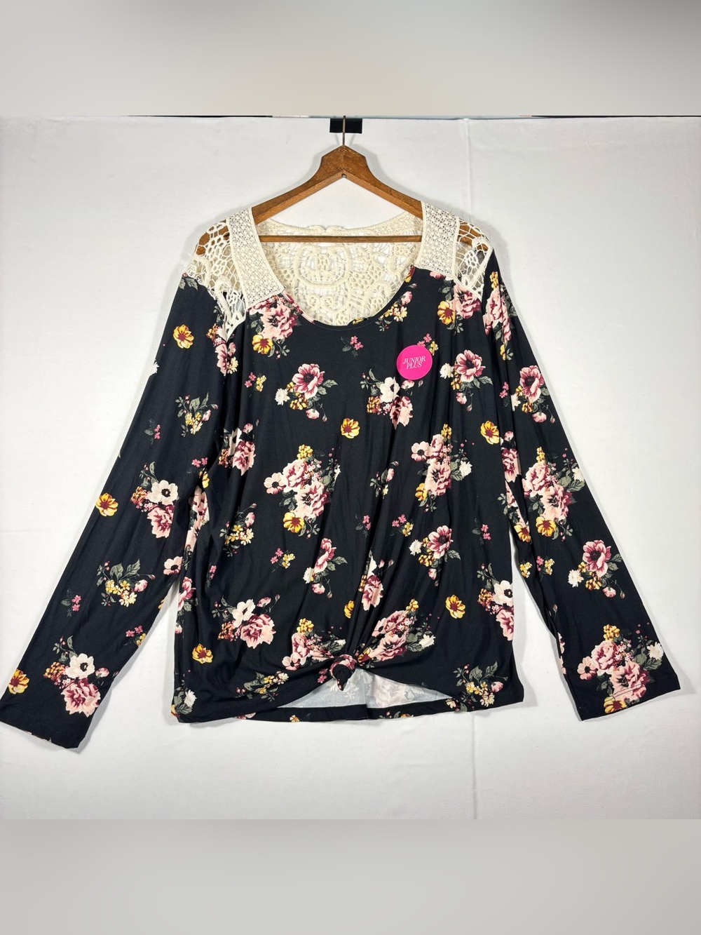 Justify Women’s 2X Black Floral Lace-Trim Tie-Front Long Sleeve Top